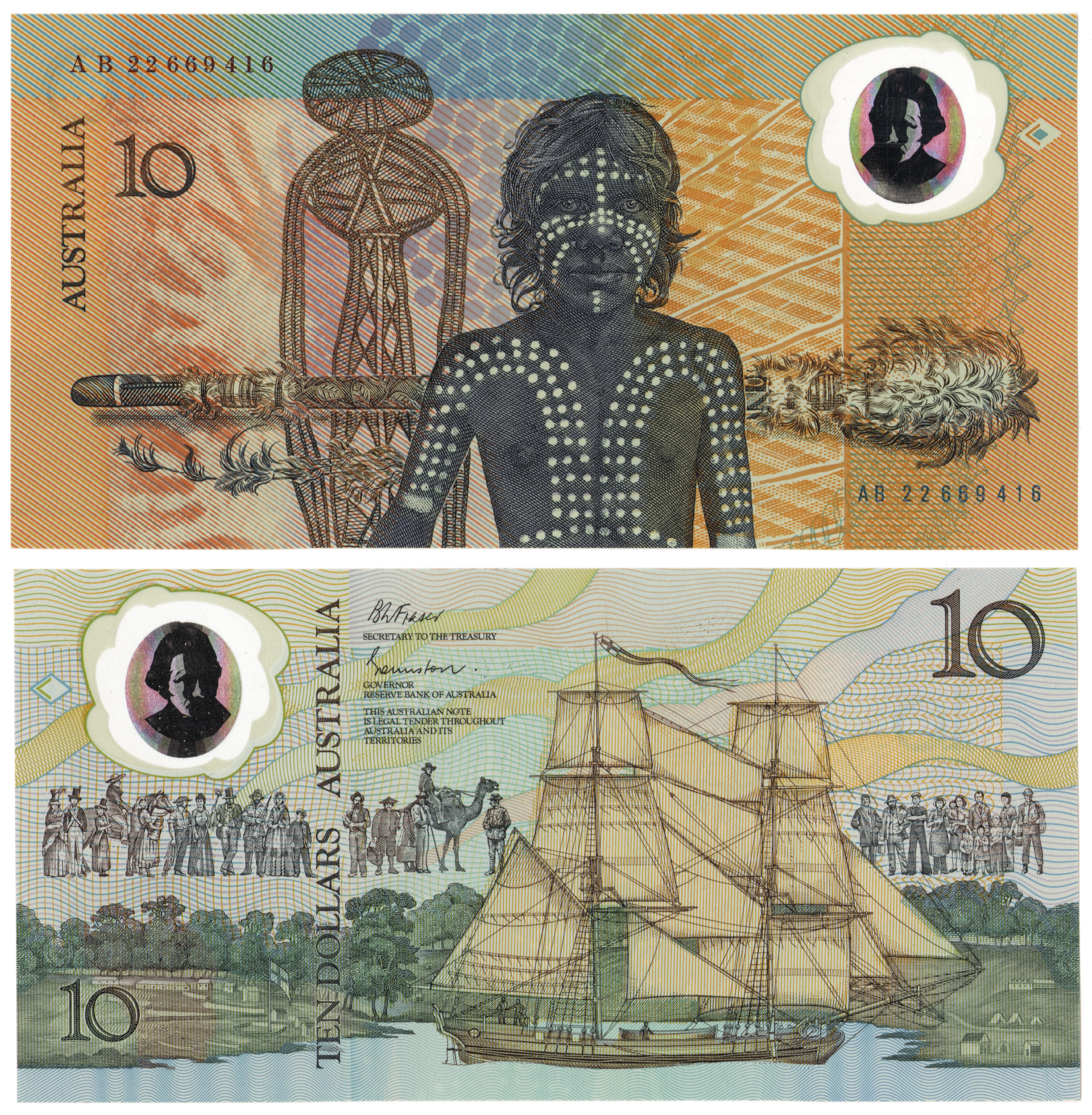 Two images above one another. Both images are banknotes designs from an Australian $10 note. One side depicts an Aboriginal man with body painting. The other shows a tall ship moored in a cove.